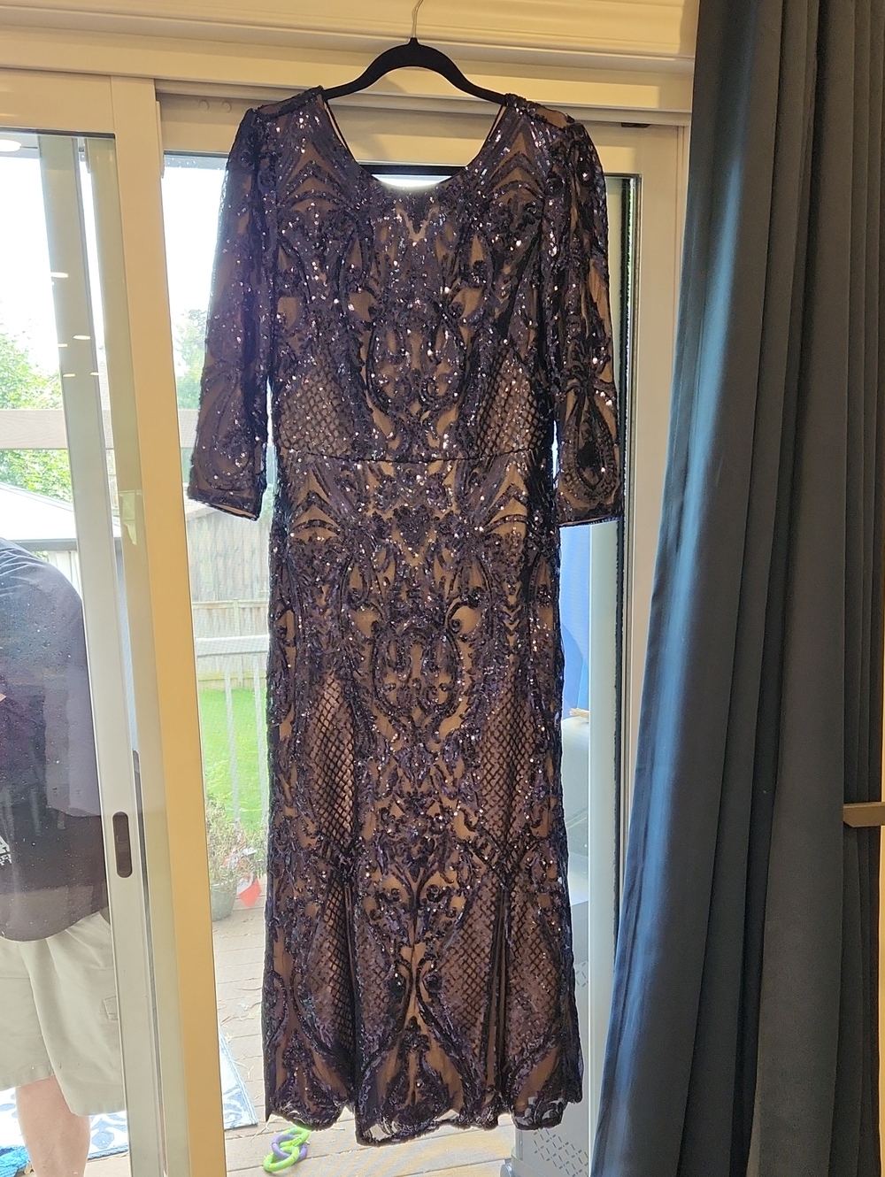 Embroidered Navy Sequin Evening Dress - Elegant Formal Gown